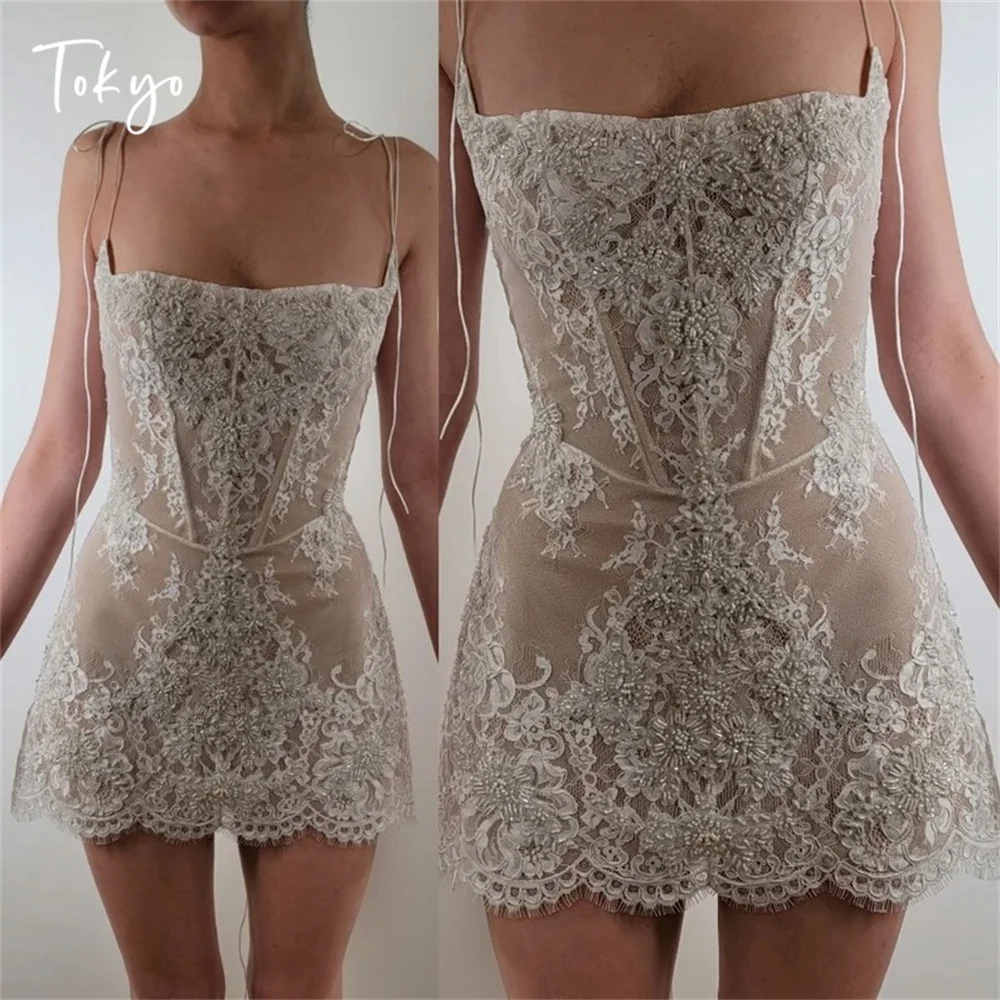 Tokyo Customized White Spaghetti Strap Wedding Dresses Sleeveless Back Lace-Up Bridal Gowns Elegant Mini A-Line Wedding Gowns