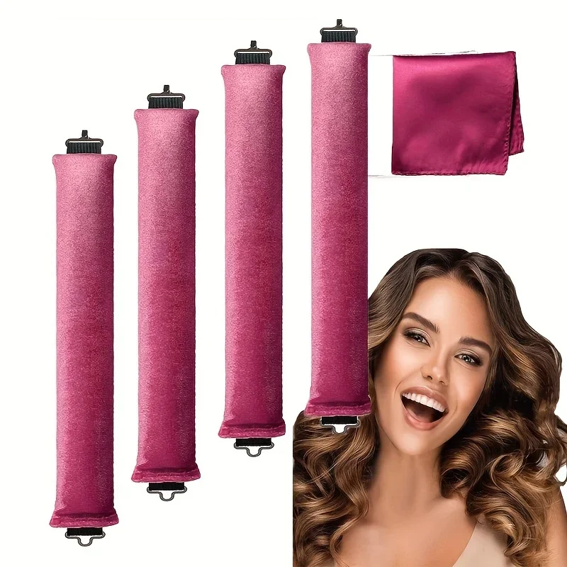 4 Hooks Rubber Curling Tool No Heat Curling iron Big Wave Curling tool Sleep Curling plus Silk scarf, holiday makeup, Christmas