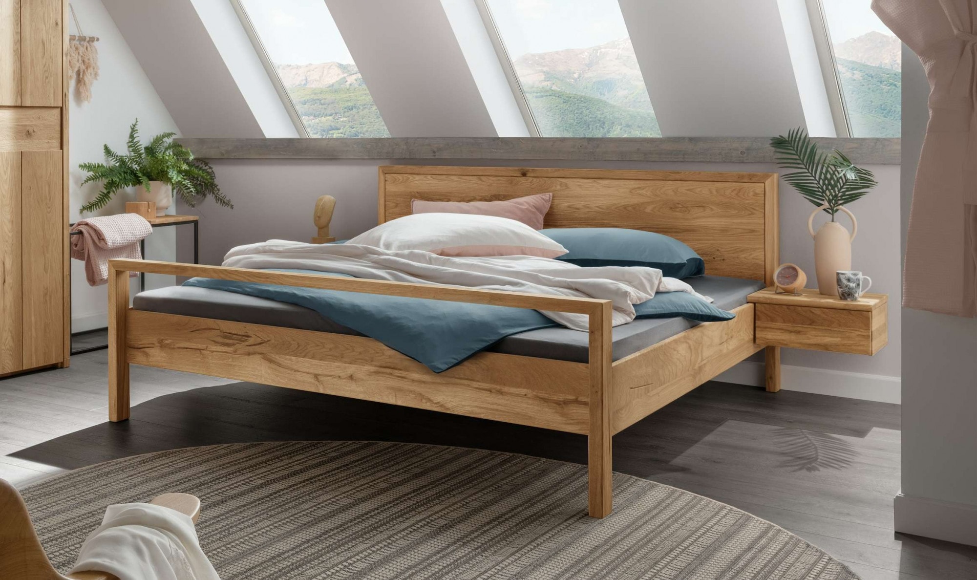Schlafzimmer-Set HOME AFFAIRE "Huven Schlafzimmer", natur, B:140cm H:90cm T:200cm, Massivholz, Schlafzimmermöbel-Sets, Massivholzbett aus Eiche mit 2 Nachttische, FSC-zertifiziert, stabil