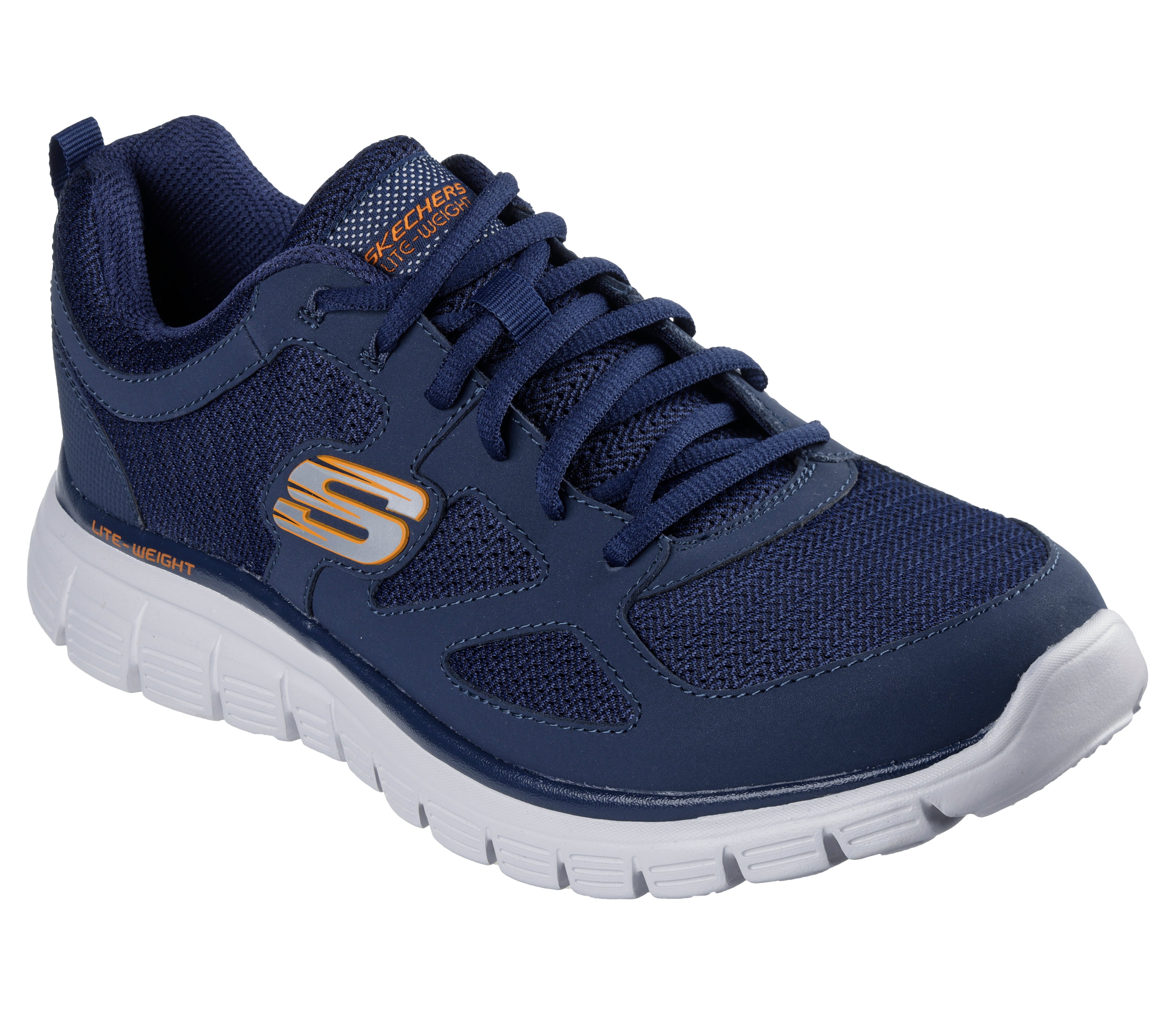Sneaker SKECHERS "BURNS-AGOURA", Damen, Gr. 43, navy, orange, Leder, Textil, kontrastfarbene Details, Schuhe Sneaker, Schnürschuh, Sportschuh mit Memory Foam