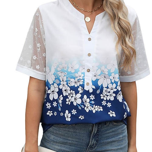 Per donna Top estivi Blusa Top Eleganti Floreale Grafico Semplice Elegante Vintage Quotidiano Manica Corta Scollo a V Top Regolari Quotidiano Lavoro Ferie Arricciato Pizzo Patchwork Blu Verde