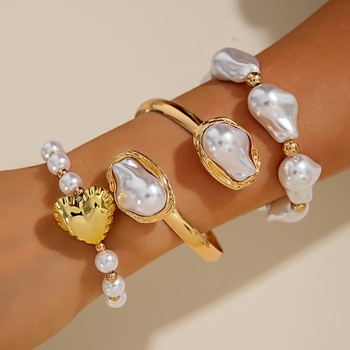 Carnival 2026 Accessori Samba del Carnevale di Rio Bracciali in Tonalità Oro con Perle per Donne - Set Impilabili con perle Barocche Bracciali Aperti e Charm a Cuore con Perline Costume per Festival