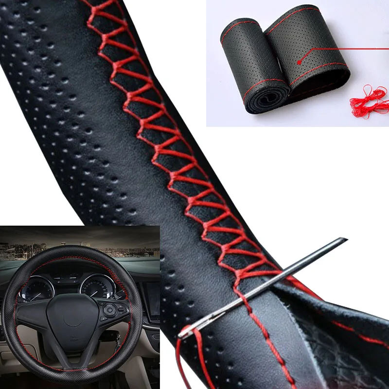 Auto Lenkrad abdeckung Nadeln und Geflecht faden Kunstleder Auto abdeckungen Suite 3 Farbe DIY Textur Soft Auto Zubehör Image
