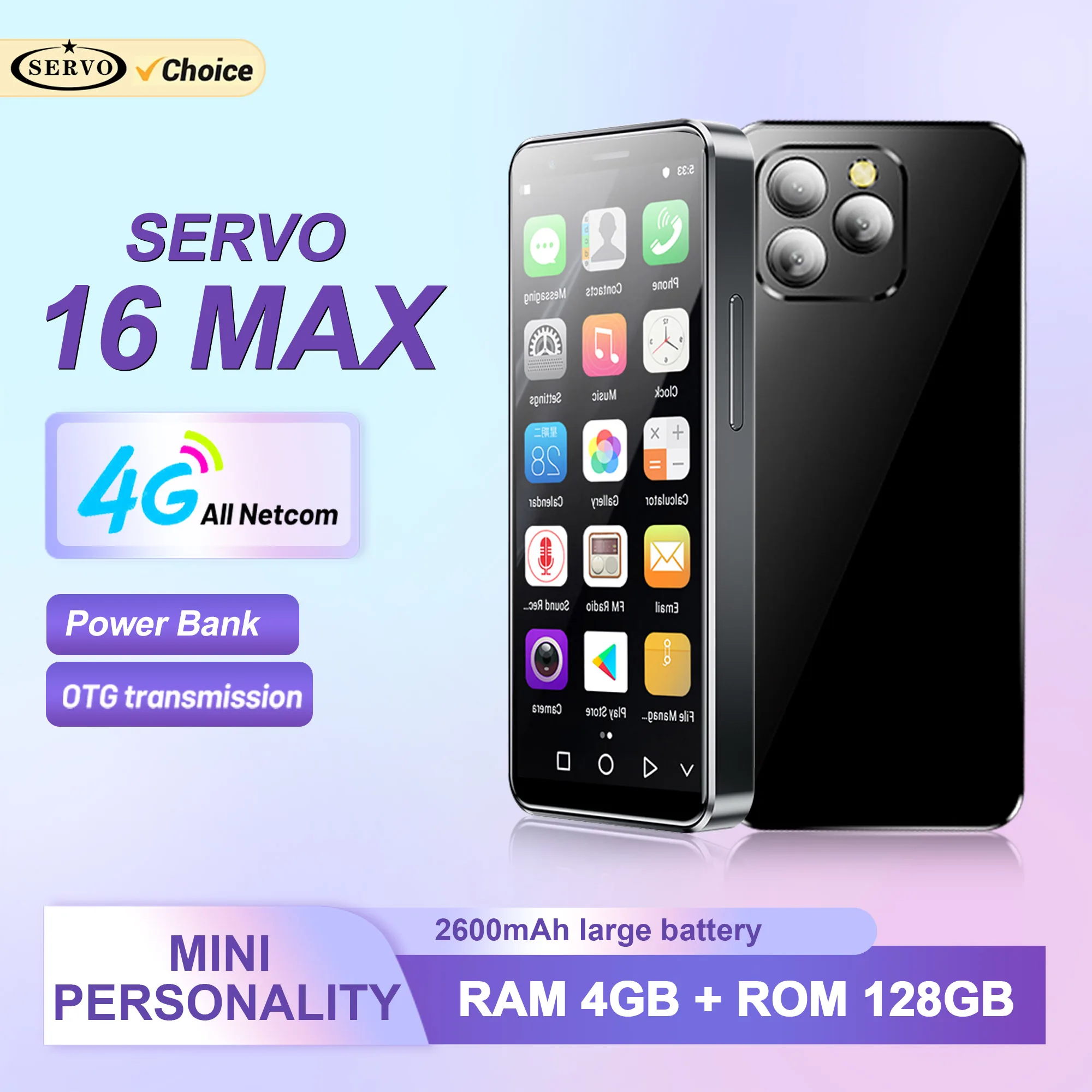 SERVO 16MAX Android Mini Smartphone 4G LTE Play Store 4 GB + 128 GB Face Unlock OTG Power Bank 4,0 Zoll kleine Smartphones Dual-SIM-Karte