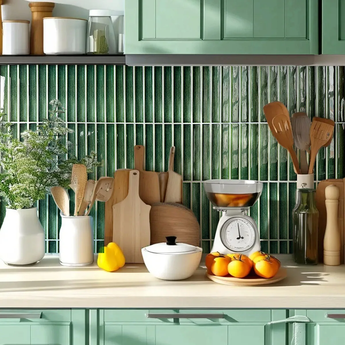 10/30 PC grüner Bambusdruck selbstklebender Wandaufkleber Küchenrückwand abziehen und aufkleben für Küche Wohnzimmer Wohnmobil Wand 12"×12" Image