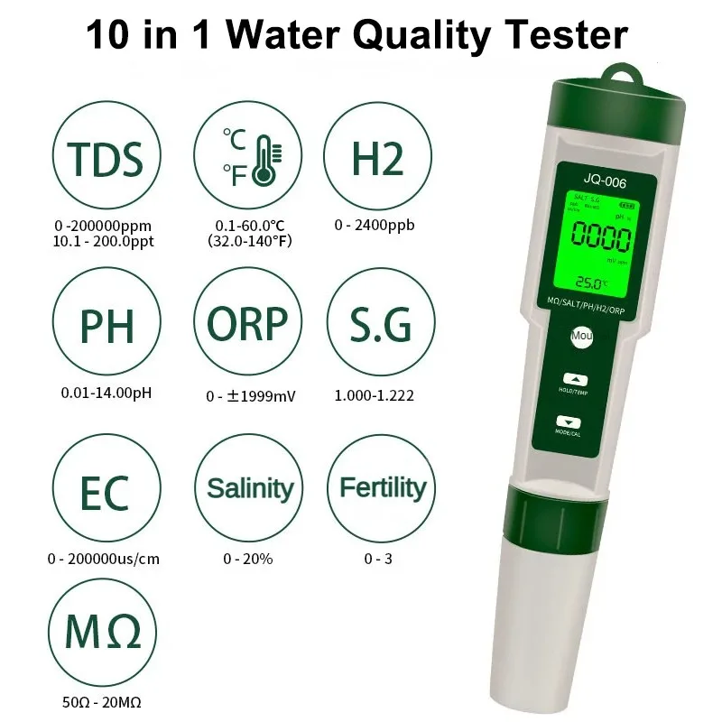 10-in-1-Wasserqualitätsmonitor PH/EC/TDS/ORP/H2/Fruchtbarkeit/Salzgehalt/S.G/Widerstand/Temp Multifunktionstester für Aquarien, Pools Image