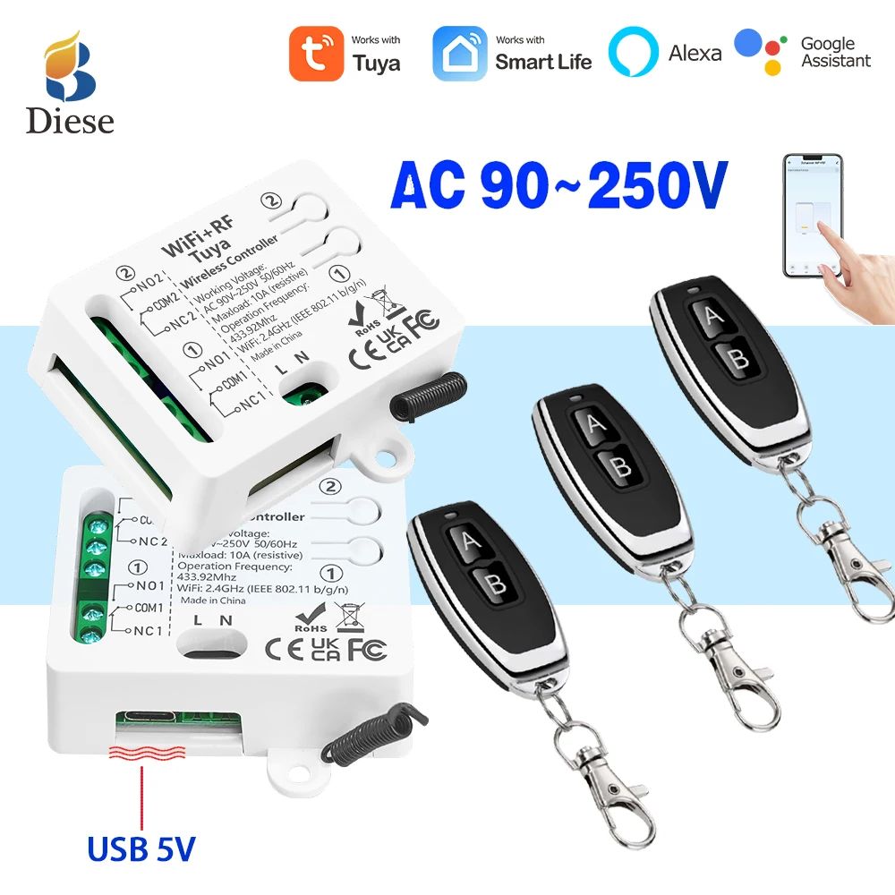 WIFI Tuya Drahtlose 433 mhz Universal Fernbedienung Schalter AC110V 220 V 2Ch Trocken Relais Empfänger für Garage Tür tor schloss licht Image