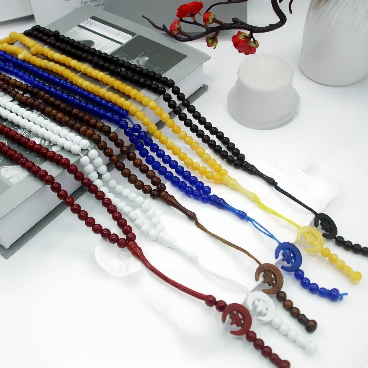 Islam-Gebetsperlen Tasbih 99 Perlen Muslim 8mm. Rosenkranz Perle Mond Stern verzierte Quasten Eid Ramadan Geschenk Image