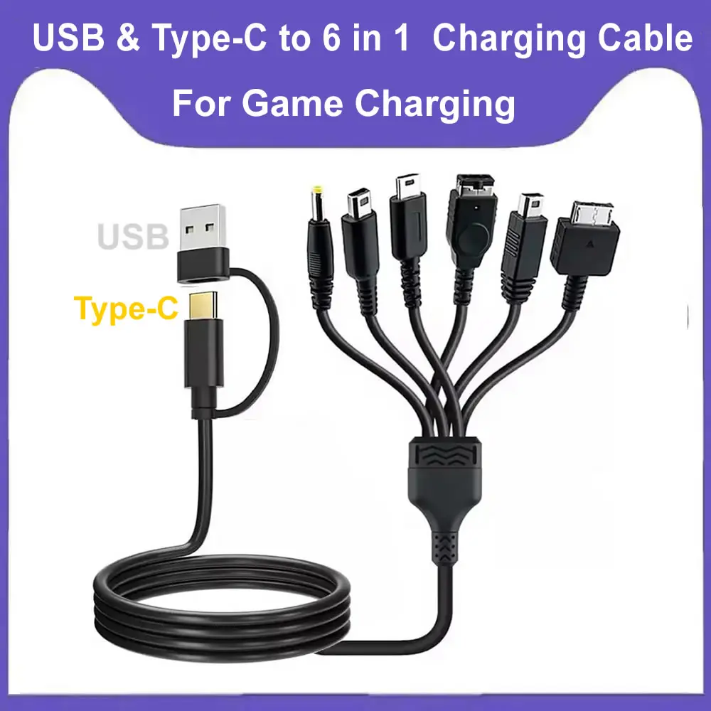 5 6-in-1 USB C Typ C PD Ladekabel für NDS Lite / Wii U / Neue 3DS XL LL /2DS / GBA SP / PSP / PSV Game Ladekabel