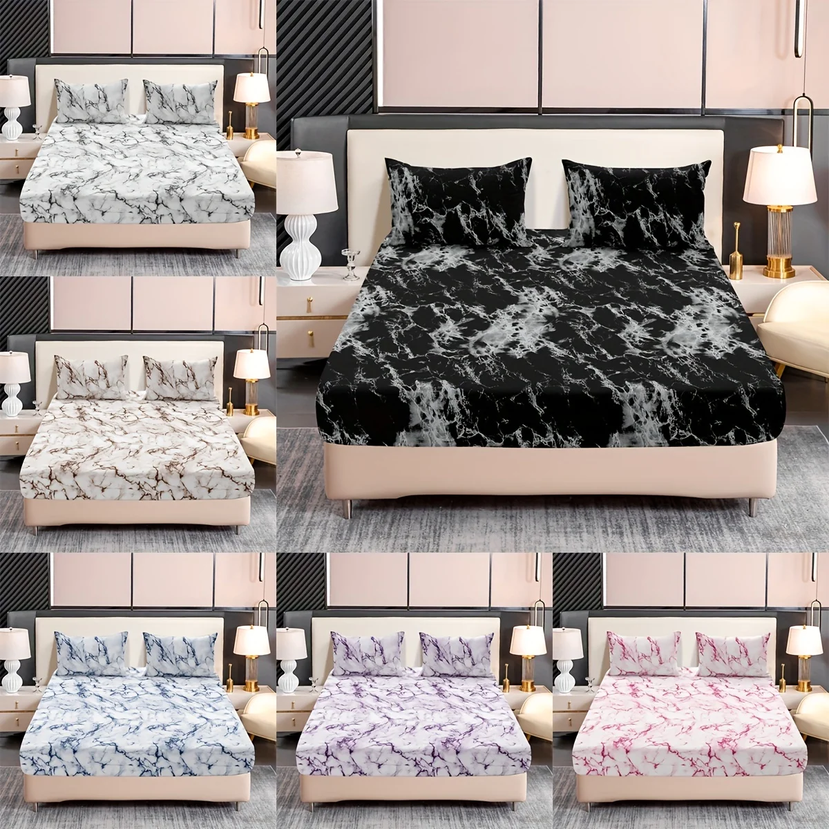 3-teiliges Spannbettlaken-Set mit Marmor-Print – ultraweiches, atmungsaktives Mikrofasergewebe, hypoallergen, knitterfrei, pflegeleicht – Image