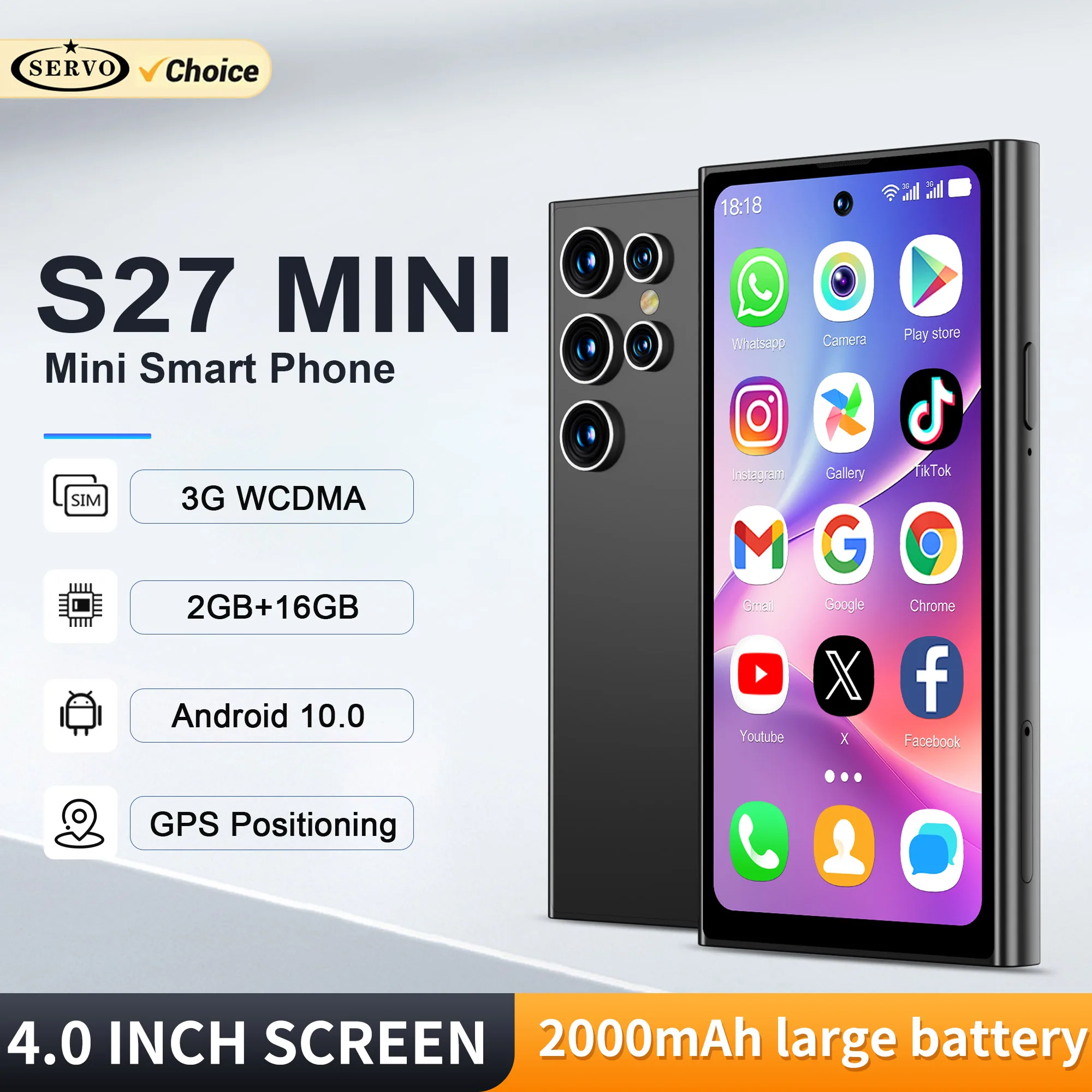 SERVO S27 Mini 3G WCDMA Smartphone Dual SIM Standby Android System 16GB ROM Google Play WiFi Hotspot 4,0
