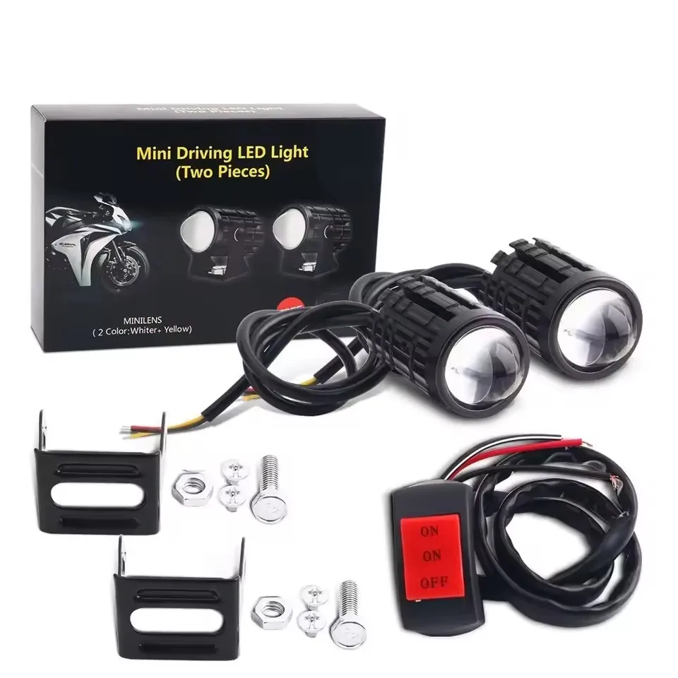 Faro LED universale per moto Lente per proiettore Doppio colore ATV Scooter Lampada da guida Fendinebbia Lampada faretto ausiliario