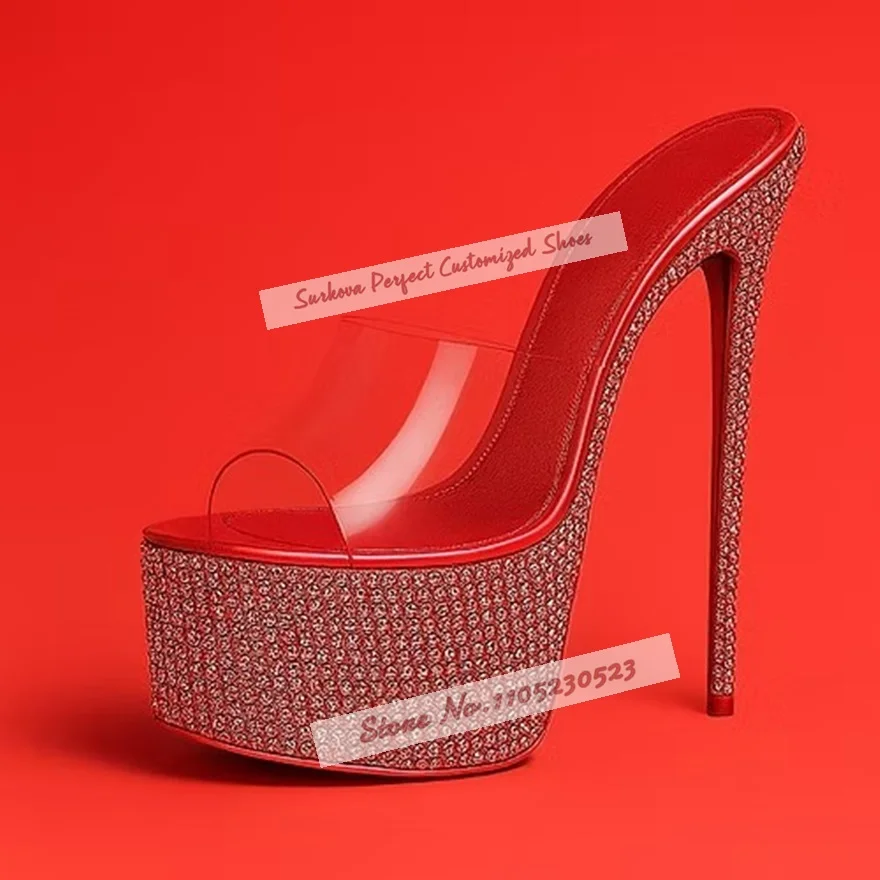 Ciabatte da donna con tacco alto con plateau in cristallo argento, pantofole moderne in PVC trasparente trasparente, sandali con tacco a spillo con strass bling bling