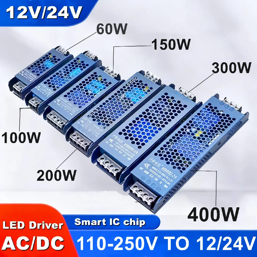 Alimentatore LED Full Power 12V 24V 60W 100W 150W 200W 300W 400W Convertitore driver LED trasformatore AC/DC per illuminazione di strisce LED