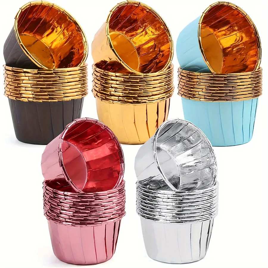 50er-Pack runde Backformen für Cupcakes und Muffins, 9 Farben, hitzebeständige Einweg-Backförmchen aus Aluminiumfolie, geeignet Image