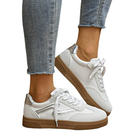 Womens Classic Retro Tennis Shoes Casual Lace Up Skate Shoes Rubber Sole Slip On Sneakers Non Slip Trainers White Size 8.5