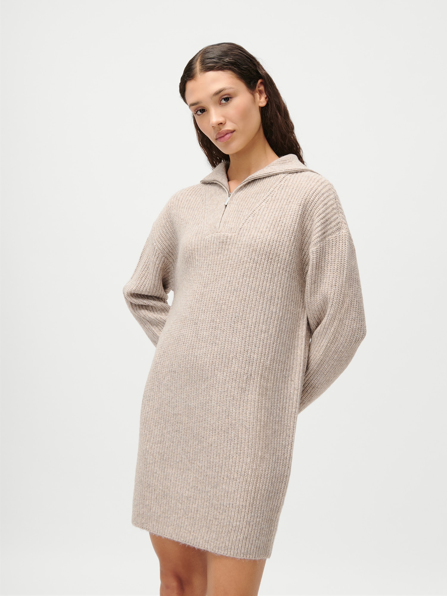 Strickkleid LEGER "Noelia, LeGer by Lena Gercke", Damen, Gr. 42, N-Gr, beige, Strick, Obermaterial: 69% Polyester, 13% Polyacryl, 12% Polyamid, 6% Wolle, normal kniefrei, Kleider Strickkleid, Stehkragen mit Reißverschluss, Grobstrick