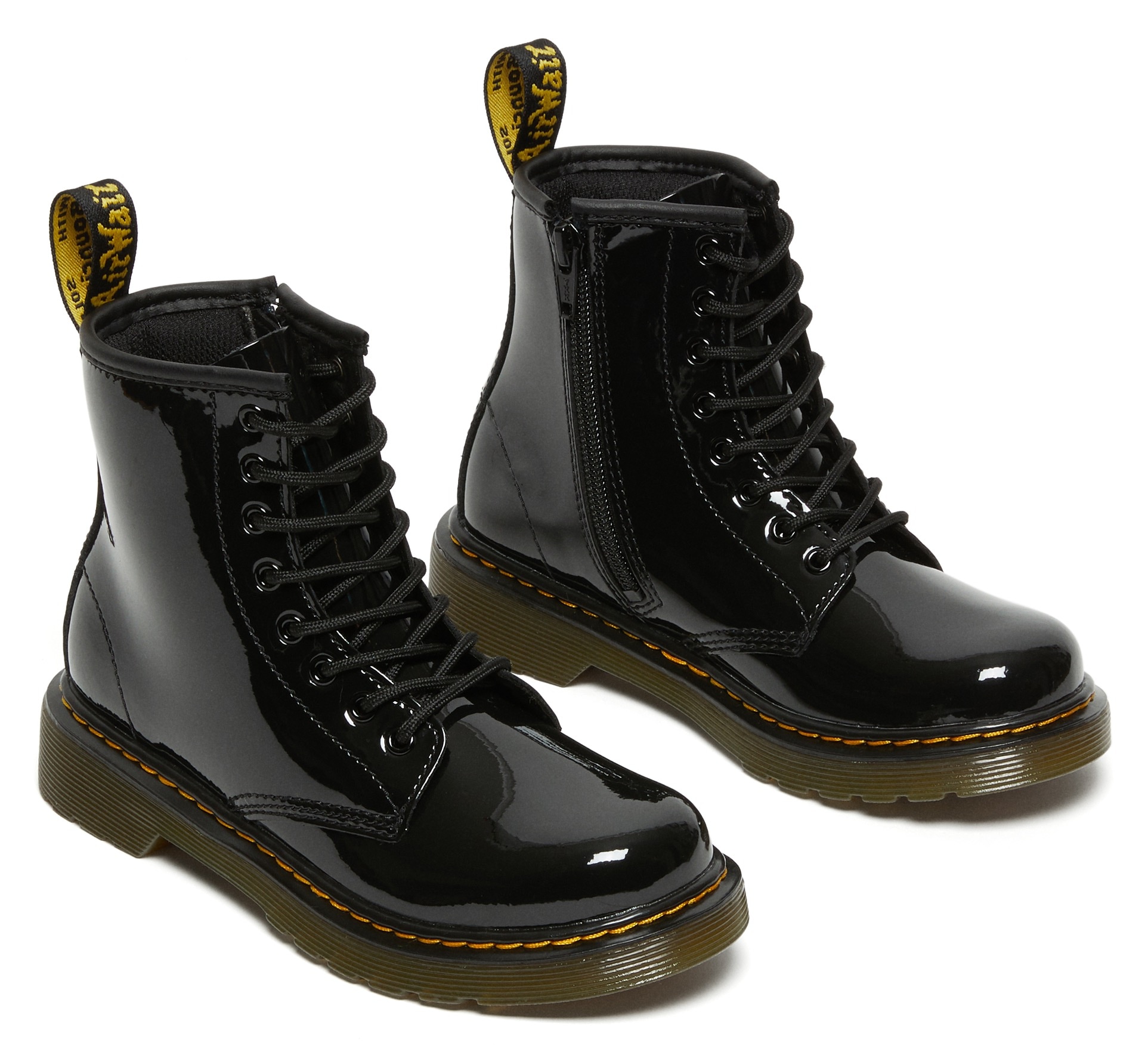 Schnürboots DR. MARTENS "Junior 1460 8-Loch Lacklederstiefel", Damen, Gr. 34, schwarz, Lackleder, glänzend, Schuhe Schnürboots, Lackstiefel, Kinderstiefel, Freizeitschuh mit Reißverschluss