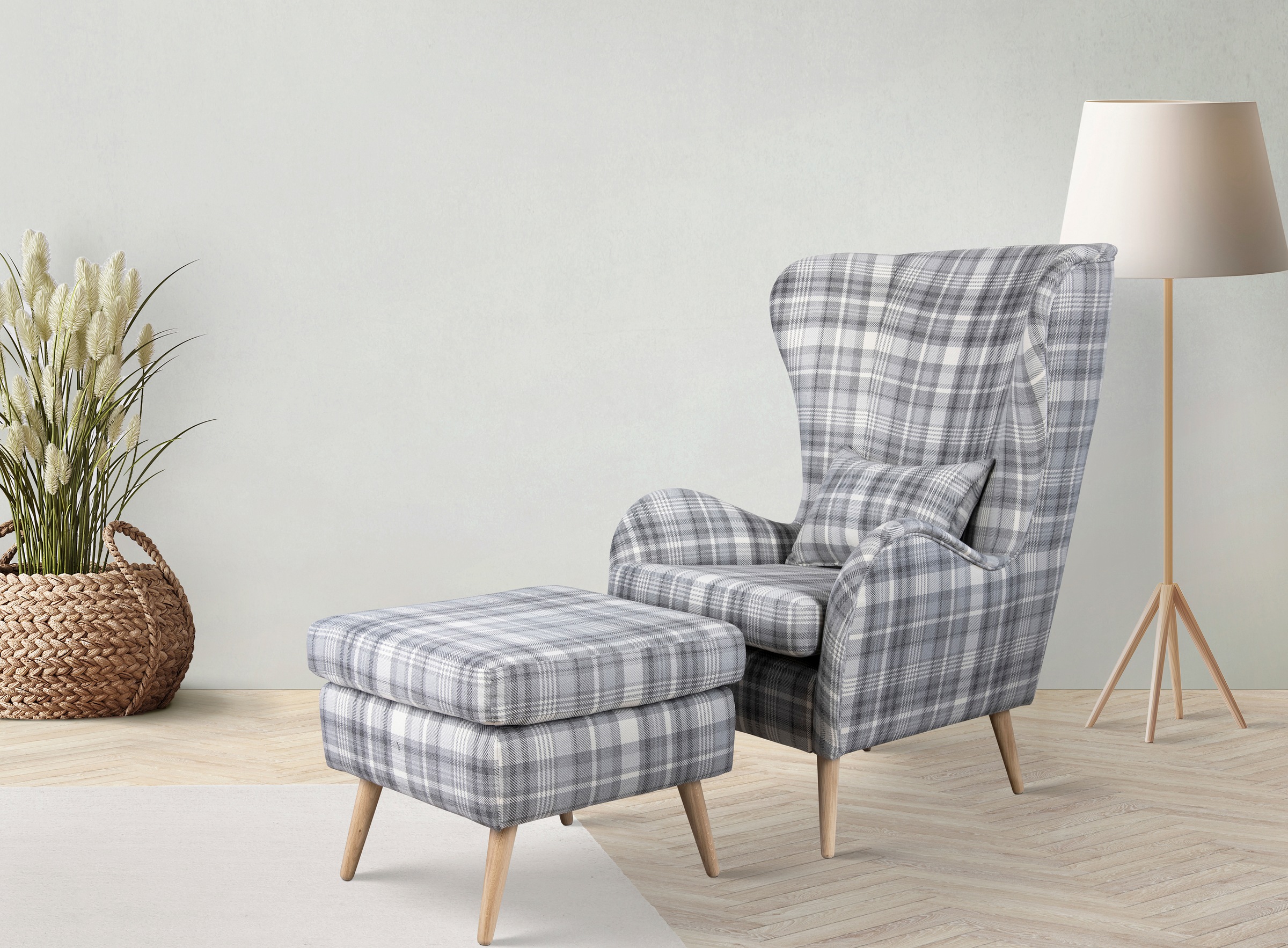 Polstergarnitur HOME AFFAIRE "Charles", blau (beige, hellblau,), B:78cm H:118cm T:152cm, 100% Polyester, Sitzmöbel-Sets, Lesesessel Sessel mit Hocker Ohrensessel mit Hocker, groß und gemütlich im moderner Optik