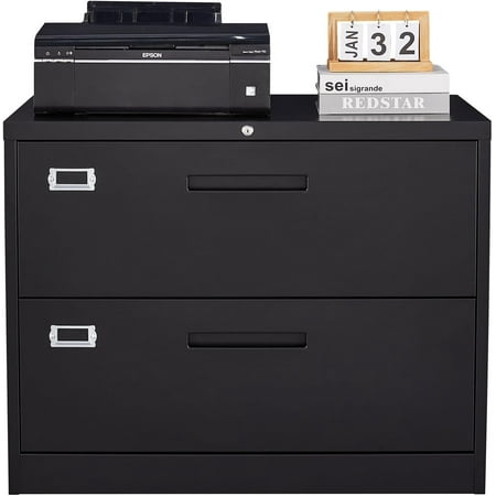 MIIIKO Lateral File Cabinet 2 Drawer Black Metal File Cabinet with Lock 35.4 Wide Drawers Storage File Cabinet for Hanging Files Folders Letter/Legal/A4 Size
