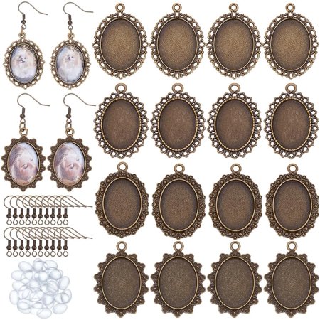 PH 40pcs 4 Styles Earring Pendant Tray Bezels Oval Earring Cabochon Settings 40pcs Clear Glass Cabochons and 40pcs Brass Earring Wire Hooks for Women Earring Jewelry Making Bronze Antique Bronze