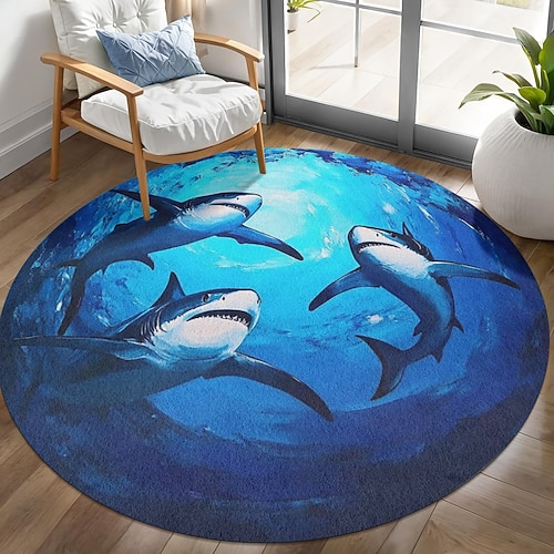 3D-Teppich mit optischer Täuschung, Unterwasser-Hai-Motiv, 2D-Flachdruck, weiche, rutschfeste Fußmatte für Wohnzimmer und Schlafzimmer, einzigartiger maritimer Wohnteppich Image