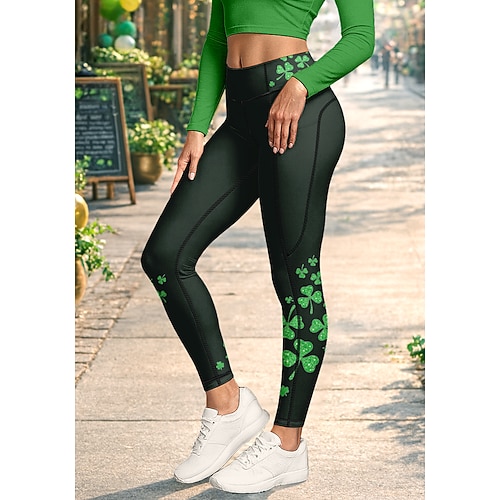St. Patrick Damen Pilates-Leggings Fitnesshose Trainingsleggings Taschen Stempelsteuer Seitentaschen Pilates Fitnessstudio Fitnesstraining Hosen Strumpfhosen Leggings Kleeblatt Grün Sport Image