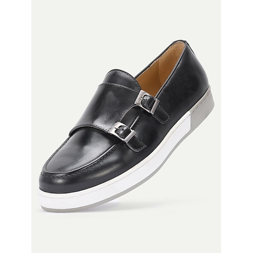 Schwarze Herren-Sneaker aus Leder zum Hineinschlüpfen – stilvolle und bequeme Schuhe mit Gummisohle, perfekt für Freizeit, Urlaub, Alltag und Hochzeiten. Image