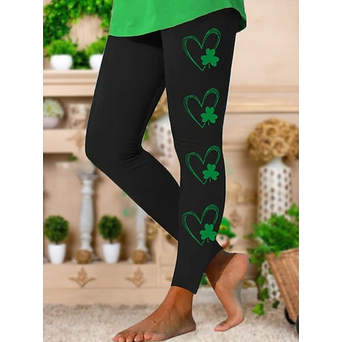 St. Patrick's Day Damen Leggings Aktiv Urlaub Mode Voll Länge Hoch Grafik Kleeblatt Print Hoch geschnitten Komfort Outdoor Bequem Dehnbar Urlaub Formal Festival Schwarz Weiß Sommer Image
