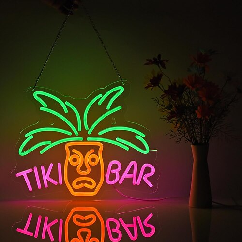 Bar-Parrot-Kokosnussbaum-Cocktail-LED-Neon-Leuchtschild, dimmbar, USB-betrieben, für Wanddekoration, Hawaii-Pool-Tiki-Bar-Party, drinnen, Schlafzimmer, Wohnzimmer, Esszimmer, Männerhöhle, Geschenkidee Image