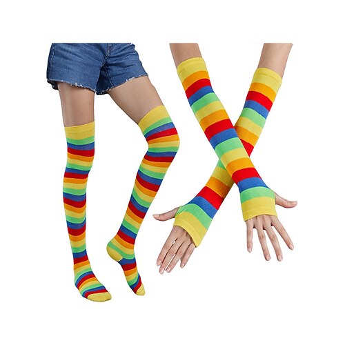 Frauen Mardi Gras Gestreifte kniehohe Socken und Handschuh-Sets mehrere Farben lustiges buntes Design perfekt für Karneval Maskerade-Bälle Image