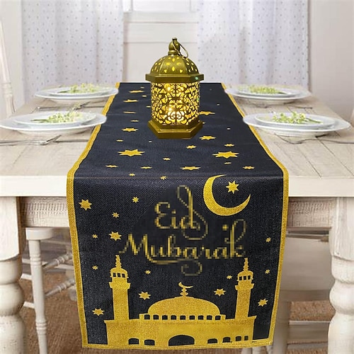 Tischläufer für Ramadan-Eid, Mond Tischdecke mit Goldmuster, hitzebeständig, geeignet für Küche und Eingangsbereich, elegantes Wohnaccessoire für Feiertage und den täglichen Gebrauch Image