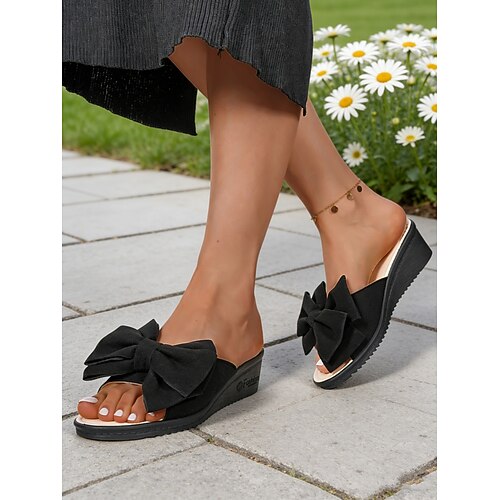 Rote Damen-Sandalen mit Keilabsatz und Schleife, lässige Zehensandalen für Sommerausflüge, Urlaub, Shopping und Alltag Image