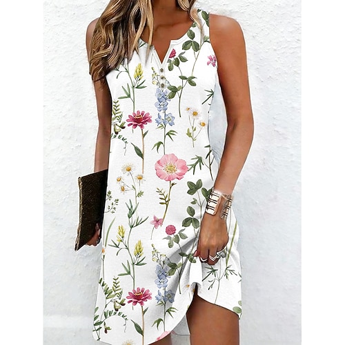 Damen Minikleid Sommerkleid Shiftkleid Schulterfreies Kleid Urlaub Lässig Täglich Ferien Ausgehen Normale Passform Blumen Grafik Ärmellos V Ausschnitt Blau Weiß Grün Sommer Frühling Image