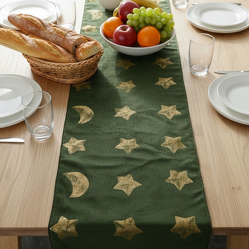 Ramadan Eid nordisches Grün goldener Stern Tischläufer mit Mond-Paillettenstickerei im skandinavischen Stil, festliche und alltägliche Esszimmerdekoration, perfekt für Partys und als Image