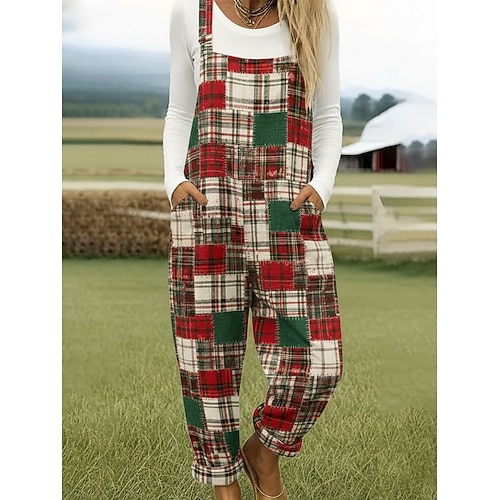 Damen Overall Aktiv Karomuster Ärmellos Ärmellos Quadrathals Tasche Druck Täglich Urlaub Lässiger Schnitt Rote Sommer Image