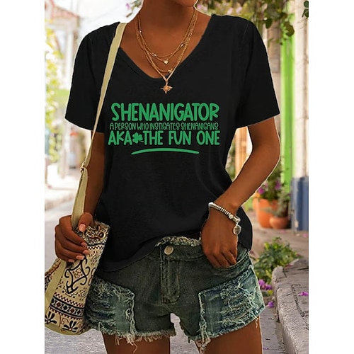 St. Patrick Damen T-Shirt Grafik Shamrock Vintage Stylisch Klassisch Kurzarm V-Ausschnitt Reguläre Oberteile Täglicher Druck Blau Schwarz Weiß Grün Grau Sommer Frühling Image