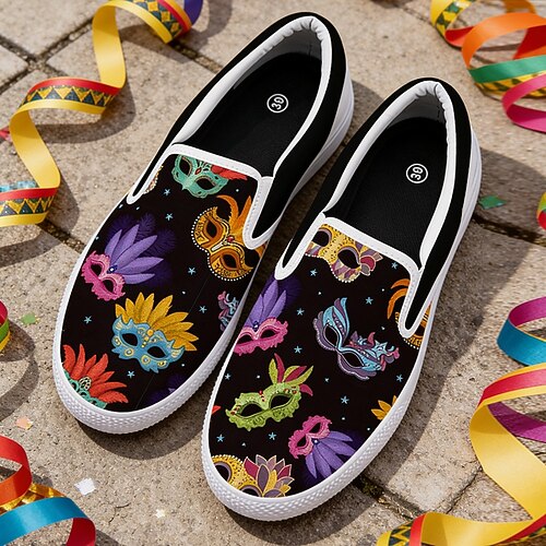 Damenschuhe Mardi Gras mit Leinensneakern zum Hineinschlüpfen – Atmungsaktives Gewebe Masken-Druckdesign lässiger festlicher Stil für Partykleidung Street-Fashion Reisen und täglichen Komfort Image