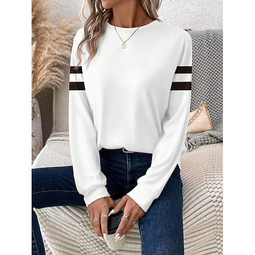 Damen T Shirt Druck Grafik Gestreift Mode Lässig Langarm Rundhalsausschnitt Normale Oberteile Täglich Wochenende Schwarz Weiß Sommer Frühling Herbst Image