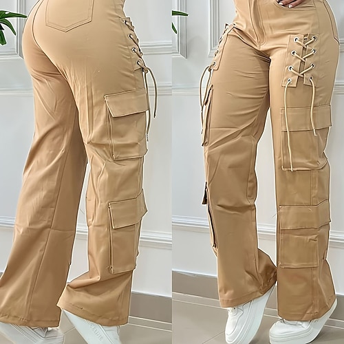 Damen Cargo-Hosen Chinos Urlaub Vintage Streetwear Volle Länge Mittlere Taillenlinie Einfarbig Mehrere Taschen Bequem Mikroelastisch Täglich Outdoor Straße Armeegrün Khaki Frühling Herbst Winter Image