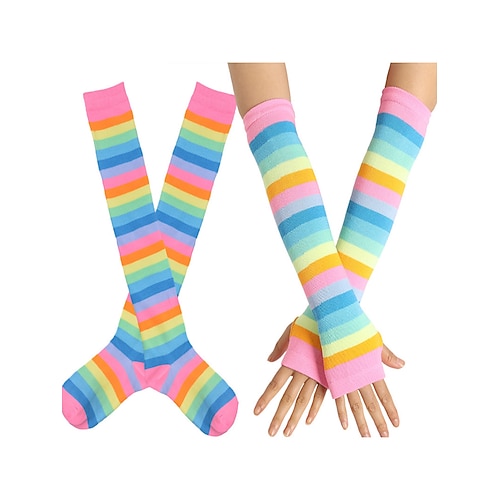 Frauen Mardi Gras Gestreifte kniehohe Socken und Handschuh-Sets mehrere Farben lustiges buntes Design perfekt für Karneval Maskerade-Bälle Image