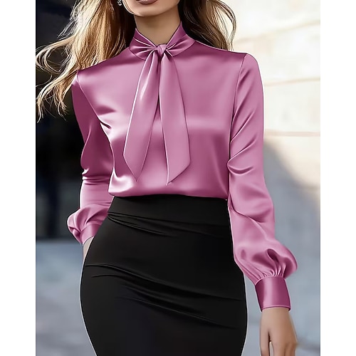 Damen Hemd Elegant Satin-Top Bluse Gerafft Schnürung Drapiert Einfarbig Einfach Elegant Vintage Täglich Langarm Krawattenhals Normale Oberteile Täglich Arbeit Ferien Schwarz Weiß Rosa Grau Herbst Image