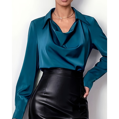 Damen Hemd Elegant Satin-Top Bluse Gerafft Einfach Vintage Stilvoll Langarm Hemdkragen Normale Oberteile Täglich Ferien Ausgehen Blau Schwarz Weiß Champagner Rosa Sommer Frühling Image