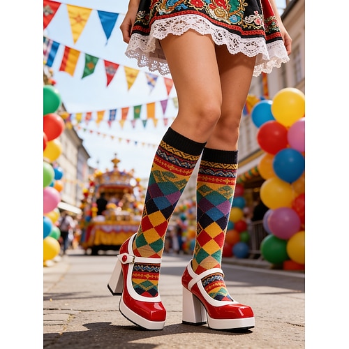 Damen Mardi Gras Lila Plattform-High Heels mit weißen Akzenten – Retro Karneval Stil perfekt für festliche Paraden und Veranstaltungen Image