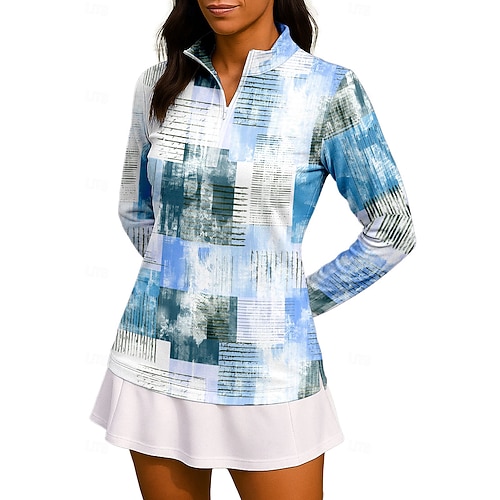 Damen Geometrisch Farbverlauf Shirt Sporthemd Golf-Poloshirt Tennis Shirt Langarm Reißverschluss Blumen UPF50 UV-beständig Hohe Elastizität Feuchtigkeitsableitend Atmungsaktiv Tennis Golfspiel Image