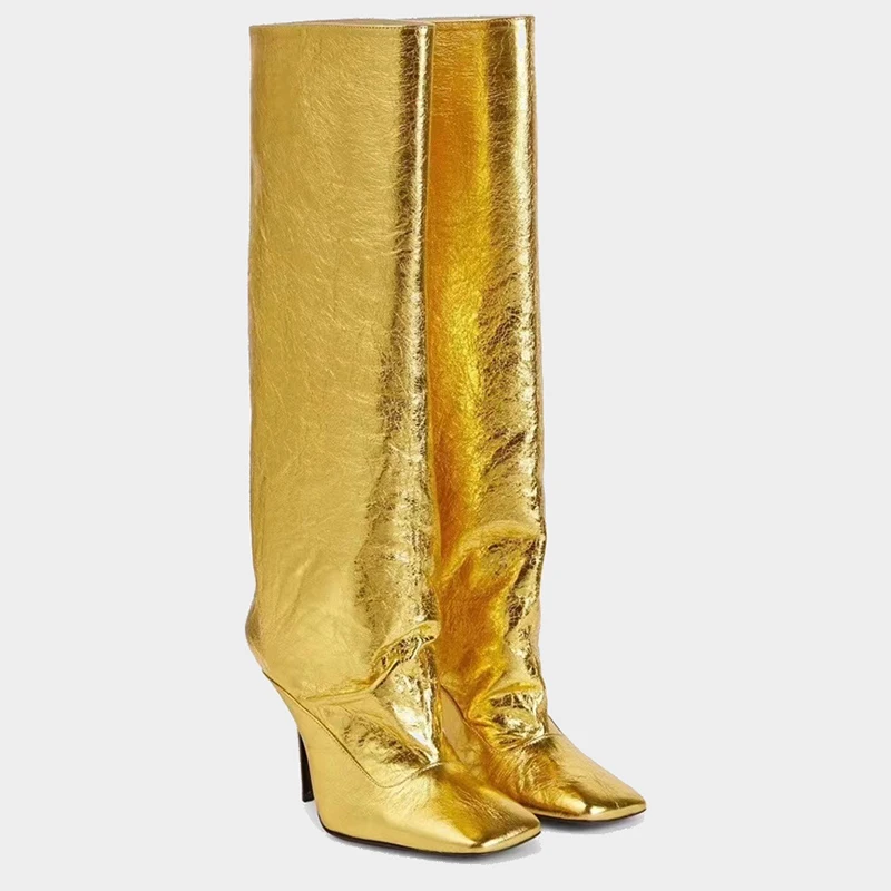 Silber Gold feiner Absatz quadratischer Kopf knielange Stiefel 2023 Winter neue vielseitige schmale Ärmel lange Stiefel große 43 Damenschuhe