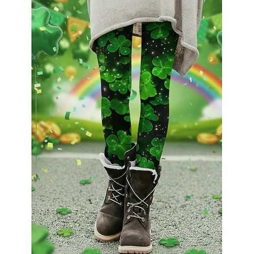 Damen Leggings Gemütliche Leggings Urlaub Lässig Volle Länge Hohe TaillePantsSt. Patrick Tag Grafik Kleeblatt Drucken Komfort Bequem Dehnbar Lässig Täglich Urlaub Dunkelgrün Schwarz Grün Frühling Image