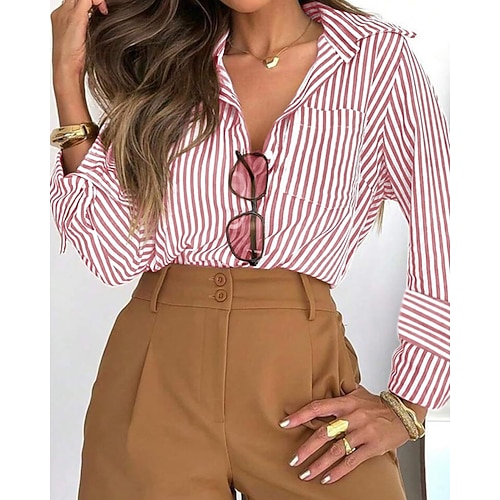 Damen Hemd Bluse Knöpfe Gestreift Lässig Langarm Hemdkragen Normale Oberteile Täglich Ferien Ausgehen Schwarz Gelb Rosa Rote Orange Sommer Frühling Image