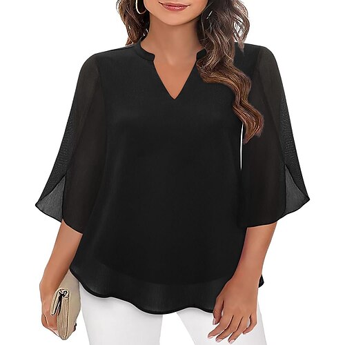 Damen Bluse Chiffon Tops Patchwork Einfach Elegant Stilvoll Lässig Halbarm V Ausschnitt Normale Oberteile Täglich Ferien Ausgehen Schwarz Rosa Wein Rote Königsblau Sommer Frühling Herbst Image