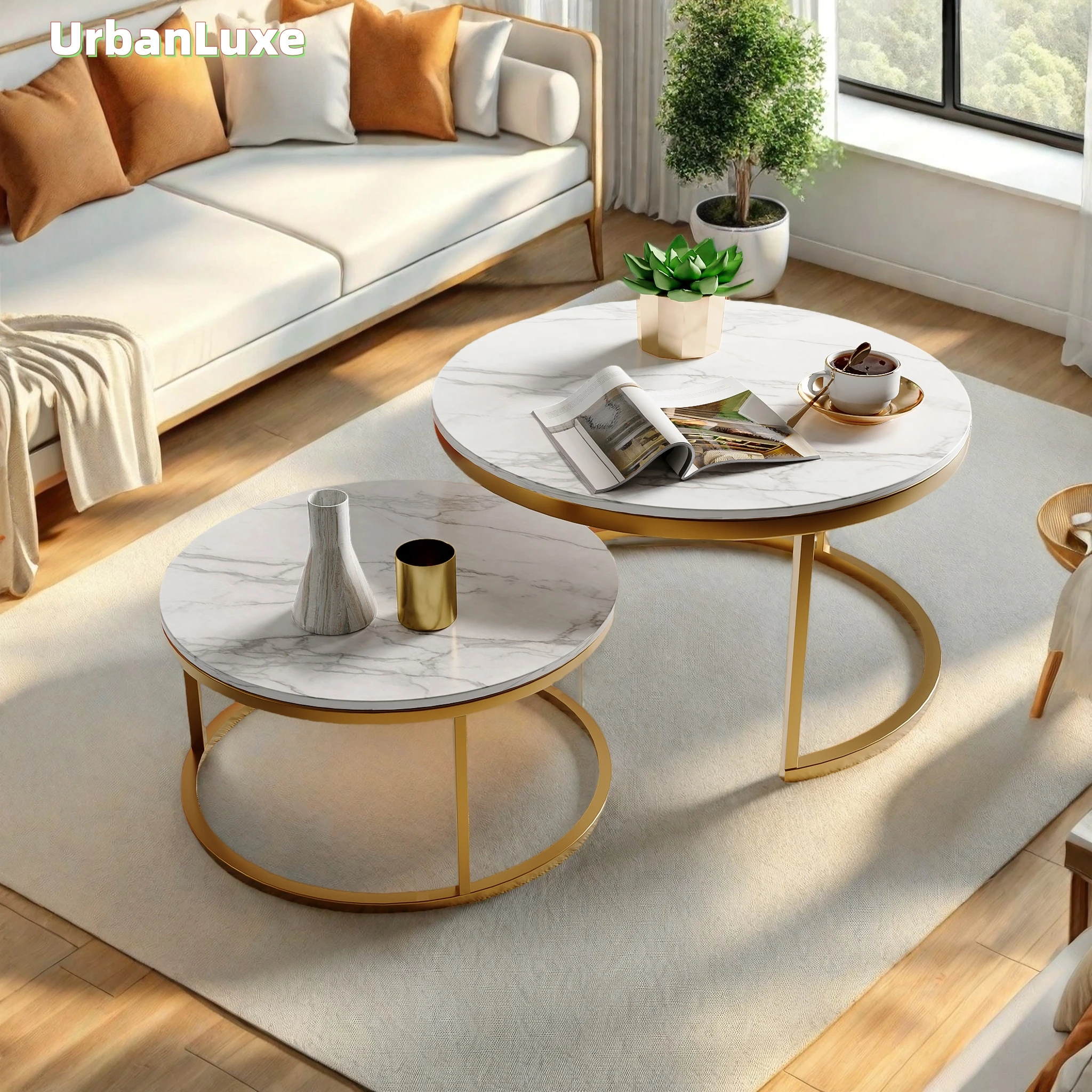 UrbanLuxe Couchtisch, Beistelltisch, Marmorfurnier, Metallgestell, couchtisch rund, wohnzimmertisch, Couchtisch Set, Gold